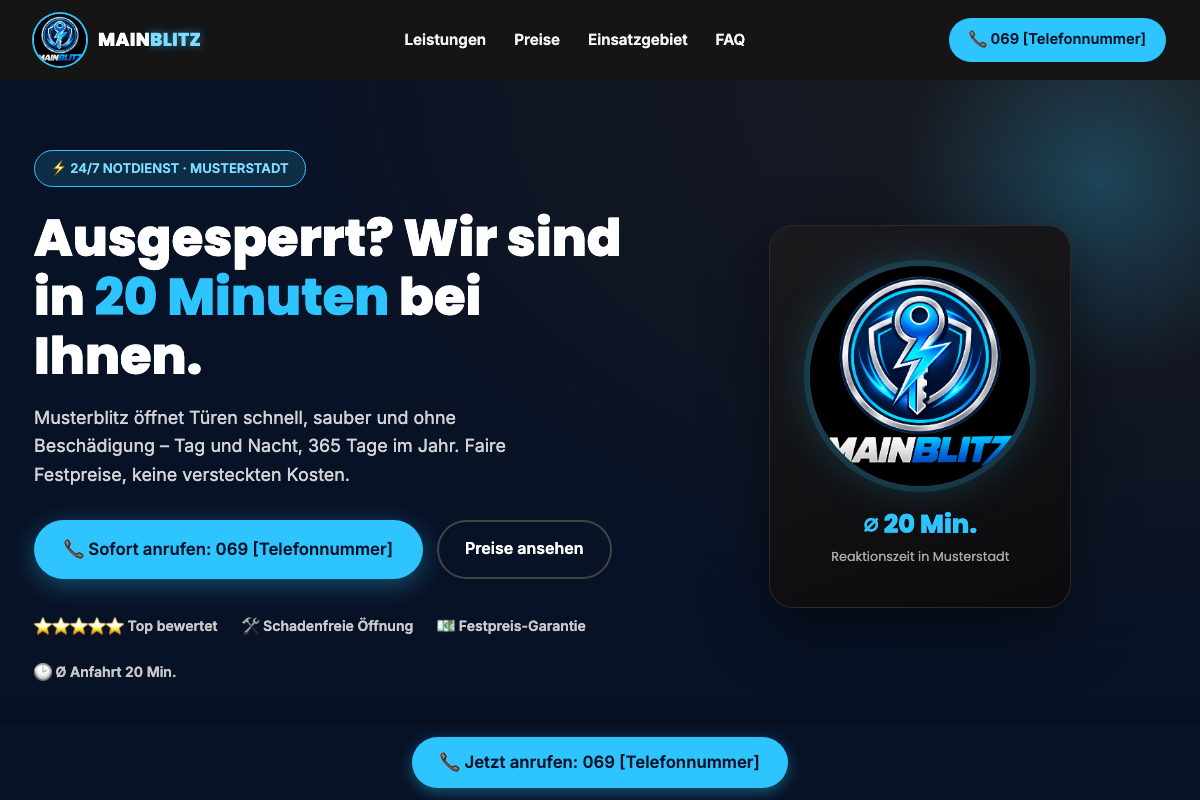 Muster-Website Schlüsseldienst mit Ortsseiten, dunkelblaues Design