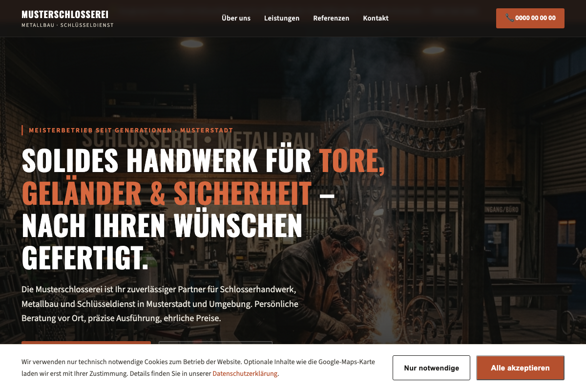 Muster-Website Metallbau & Schlüsseldienst, dunkles Design