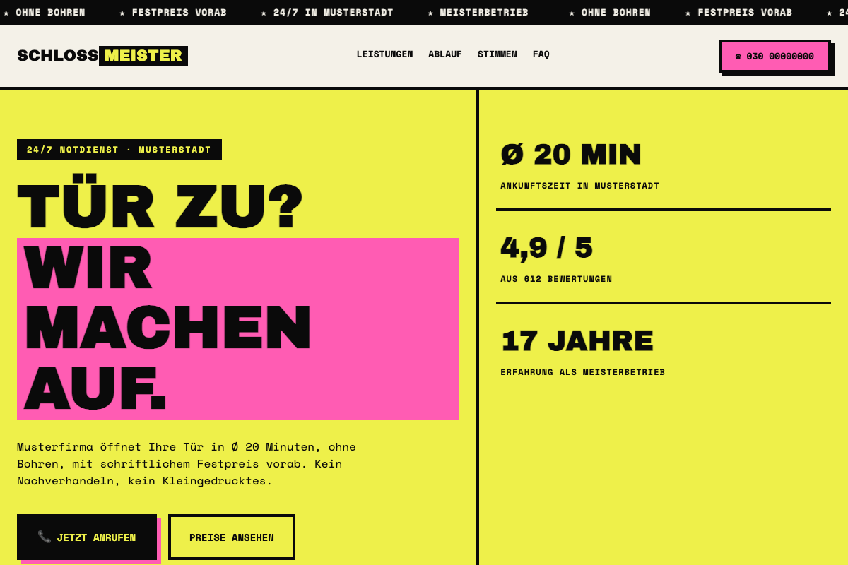 Muster-Website Schlüsseldienst, kräftiges gelb-schwarzes Design